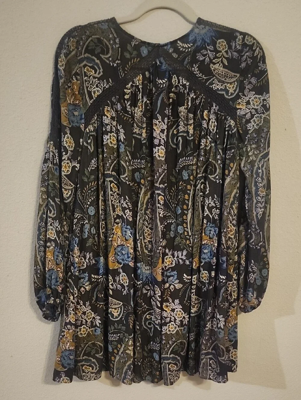 Free People Black Paisley Mini Dress with Blue & Olive Floral Motif
